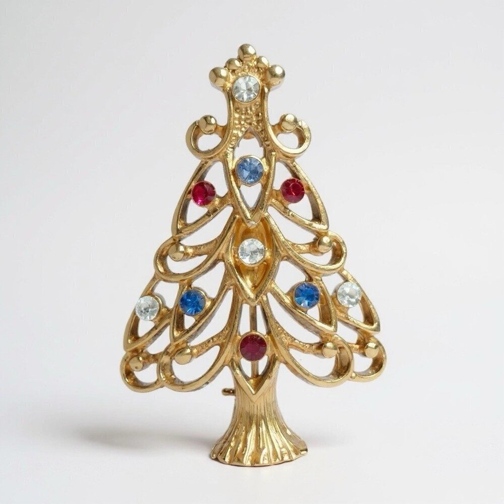 Vintage Eisenberg Ice Christmas Tree Pin Gold Tone Rhinestone Brooch Holiday
